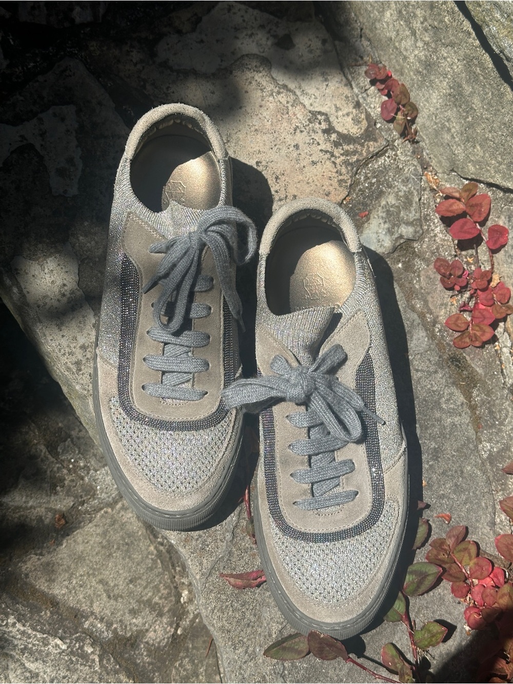 Brunello Cucinelli Gray Knit and Suede Lace-Up Sneakers